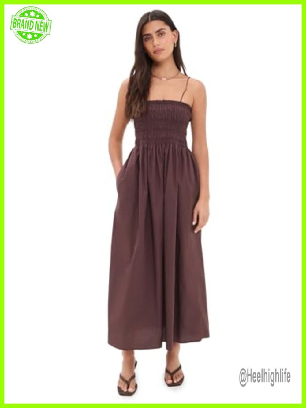 Poplin Midi Dress Smocked Square Neck A-Line Casual Summer